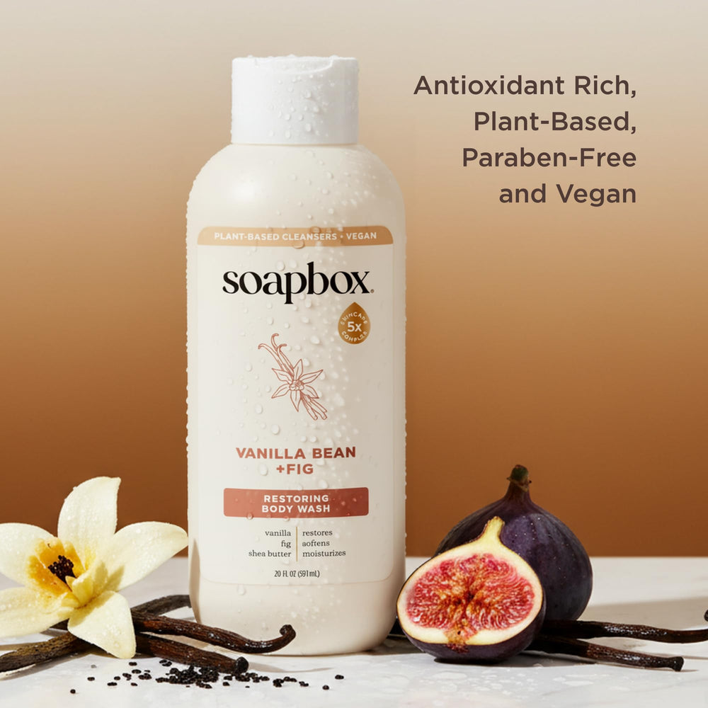 Soapbox Vanilla Bean & Fig, burbujas cremosas, sensación de limpieza suave.