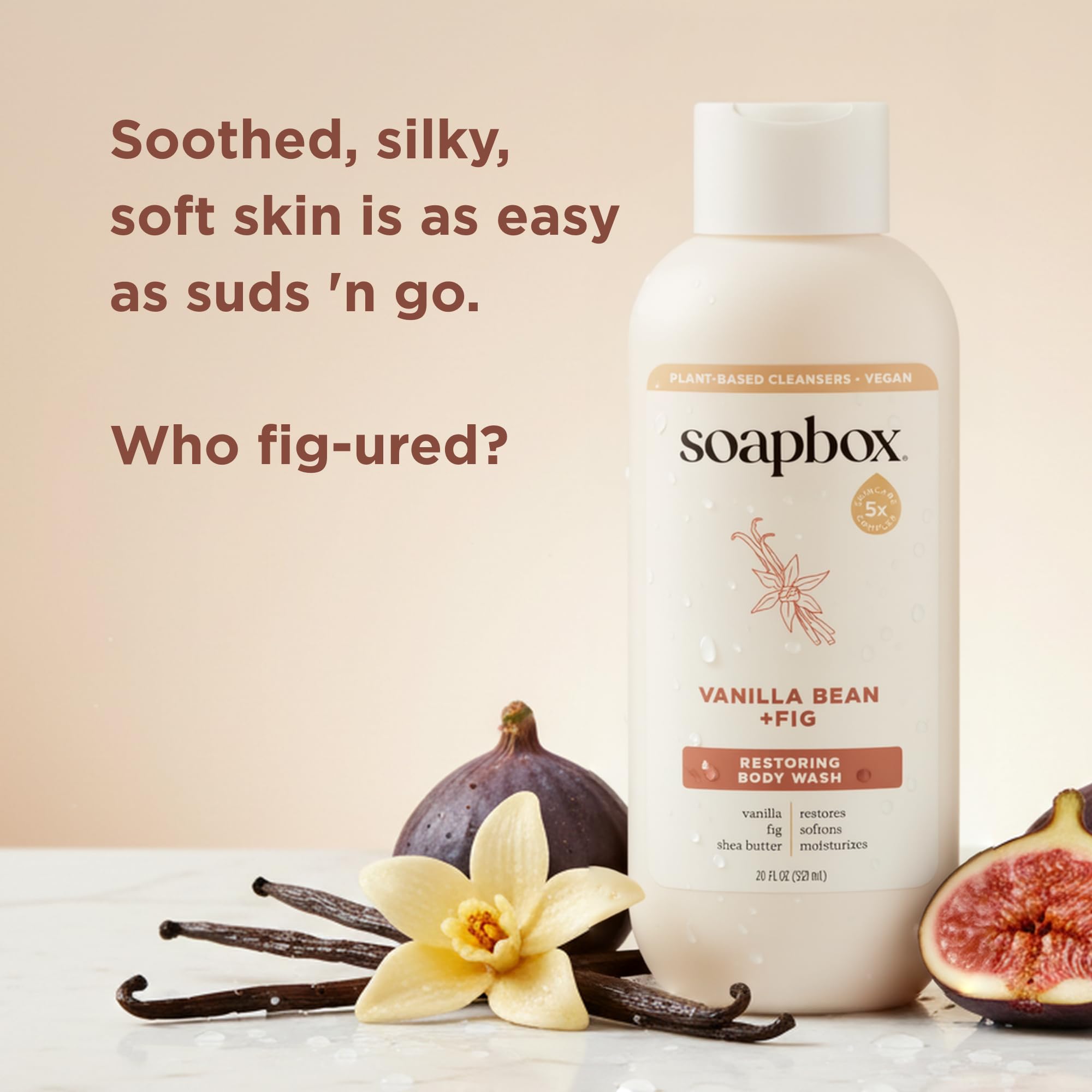 Soapbox Vanilla Bean & Fig, espuma cremosa en la palma para limpieza suave y reconfortante.