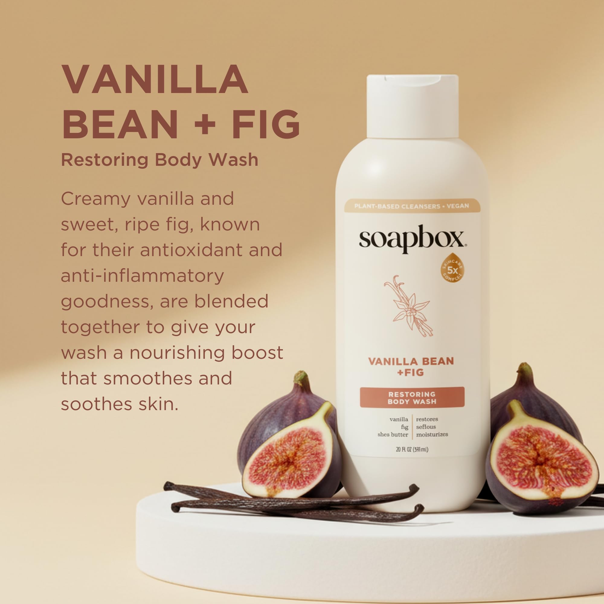 Soapbox Vanilla Bean & Fig, etiqueta visible, aroma envolvente para una experiencia de baño relajante.