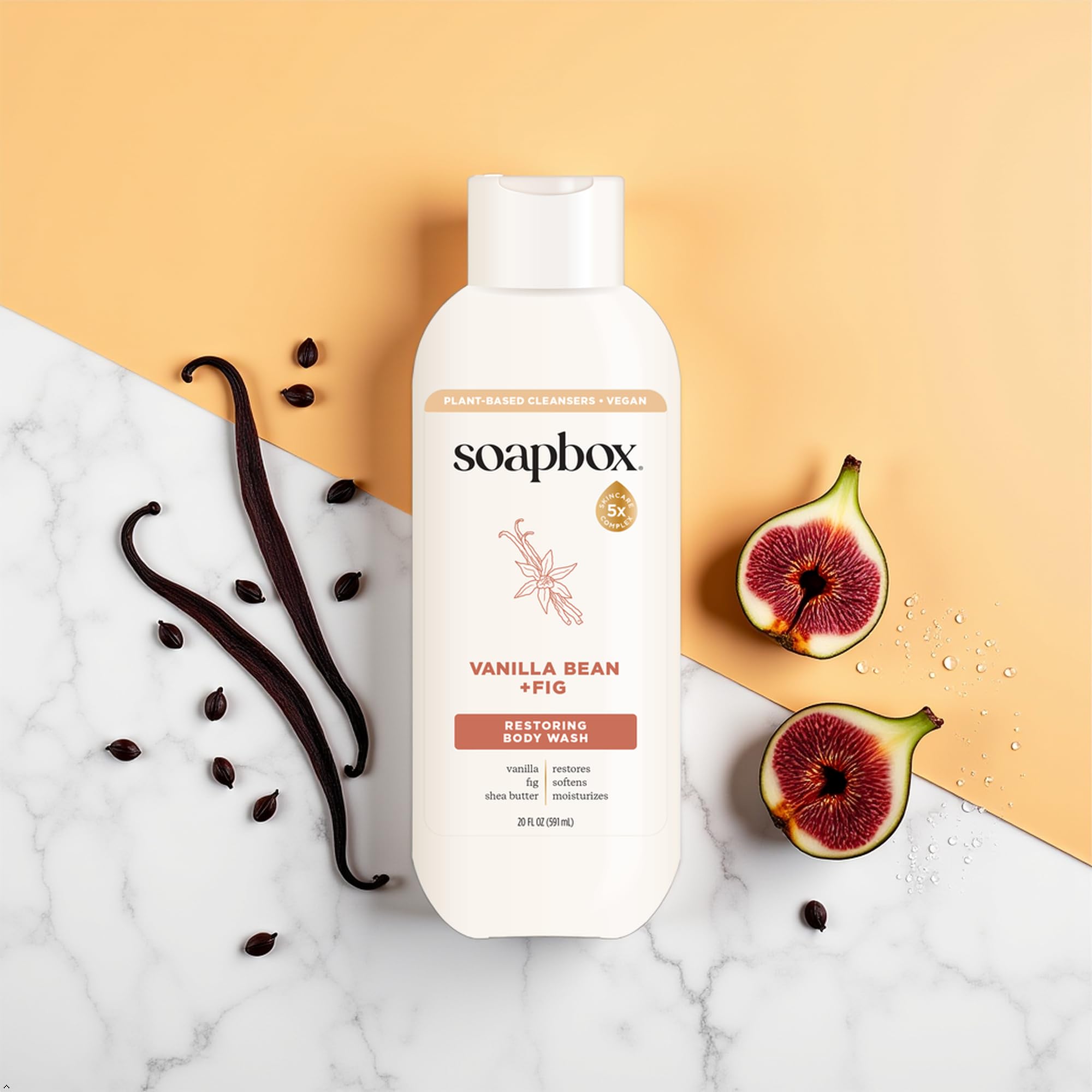 Soapbox Vanilla Bean & Fig, manteca de karité presente, hidratación suave durante la ducha.