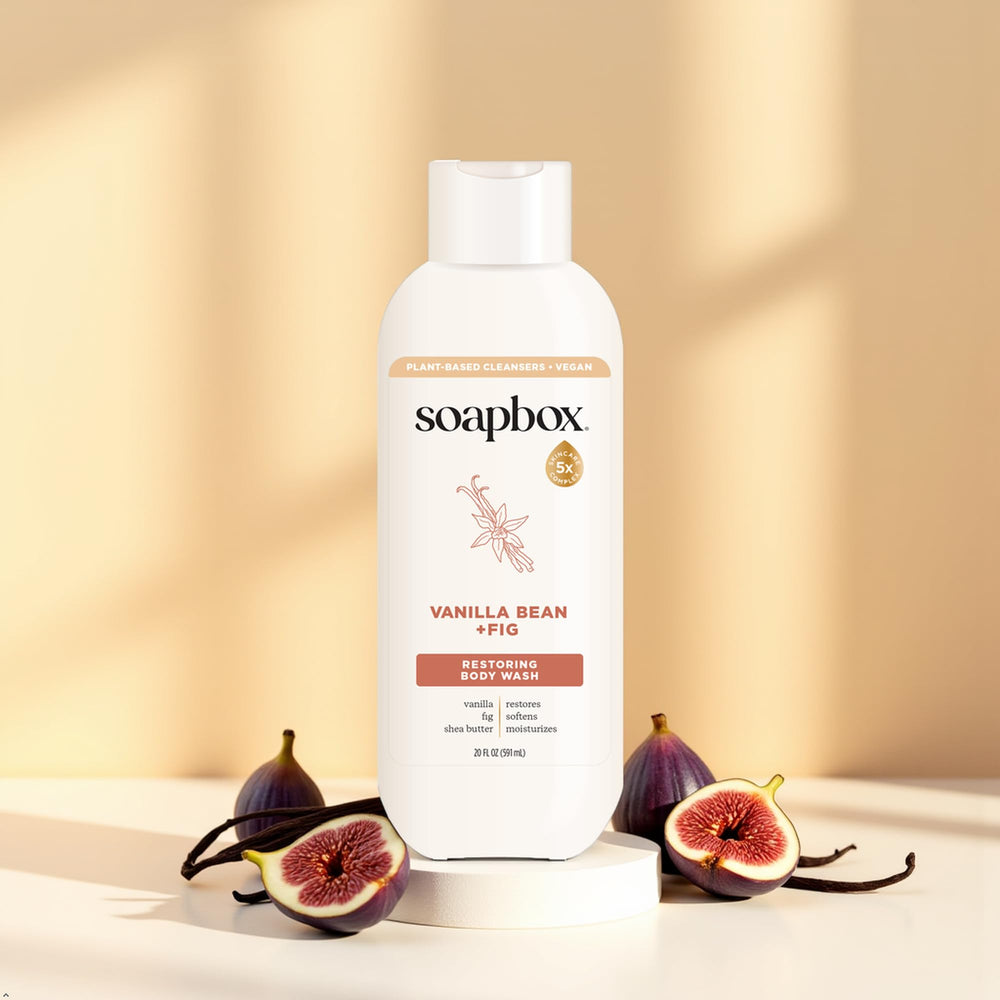 Soapbox Vanilla Bean & Fig, paquete de dos botellas, ahorro práctico para el hogar.