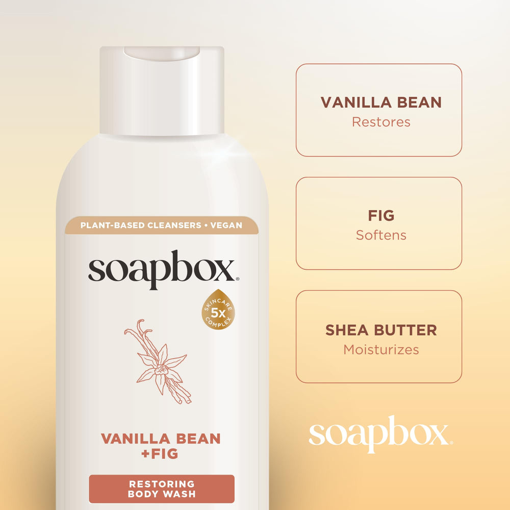 Soapbox Vanilla Bean & Fig, sello vegano destacado, opción consciente para el cuidado diario.