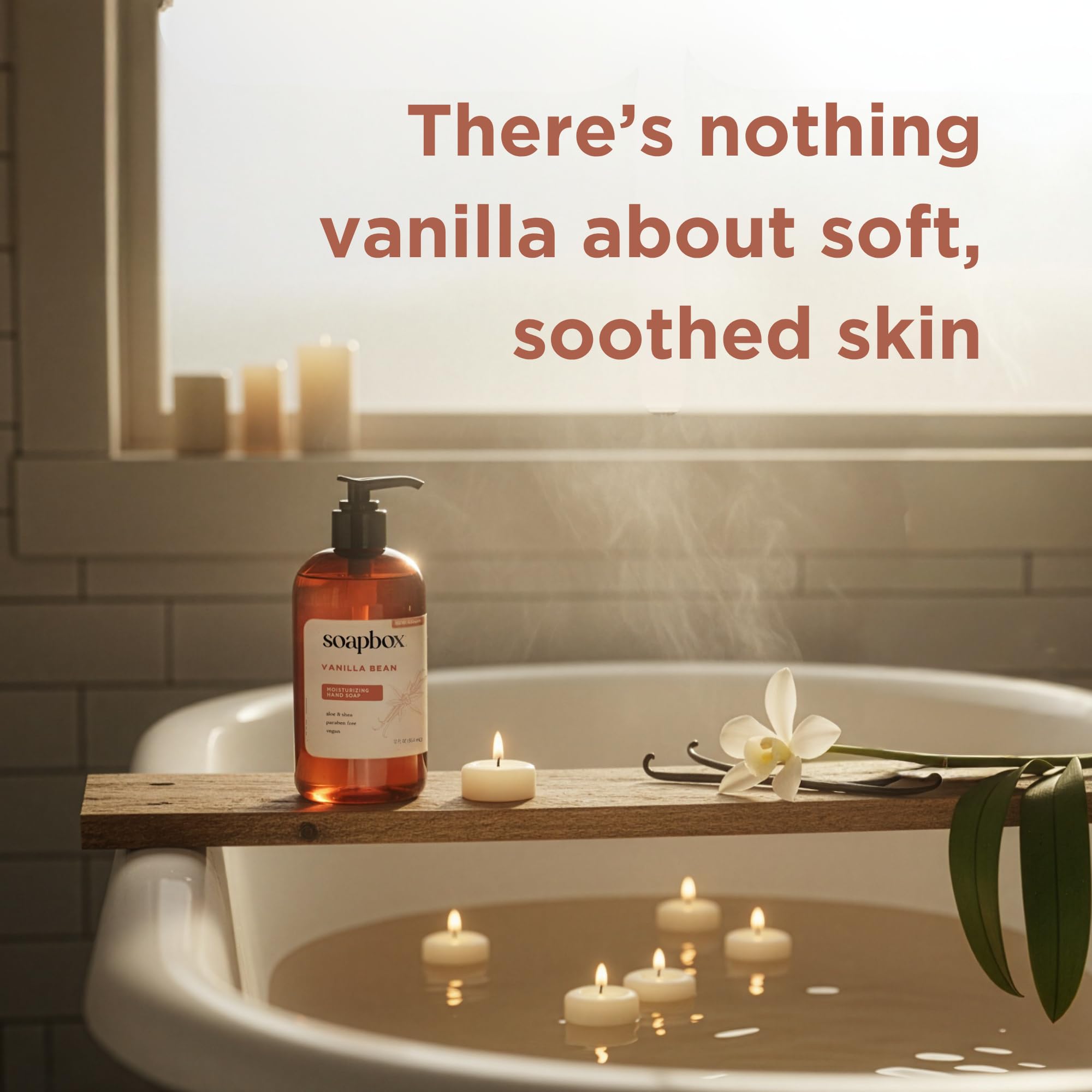 Soapbox Vanilla Bean pump dispenser on sink evokes spa-like daily ritual