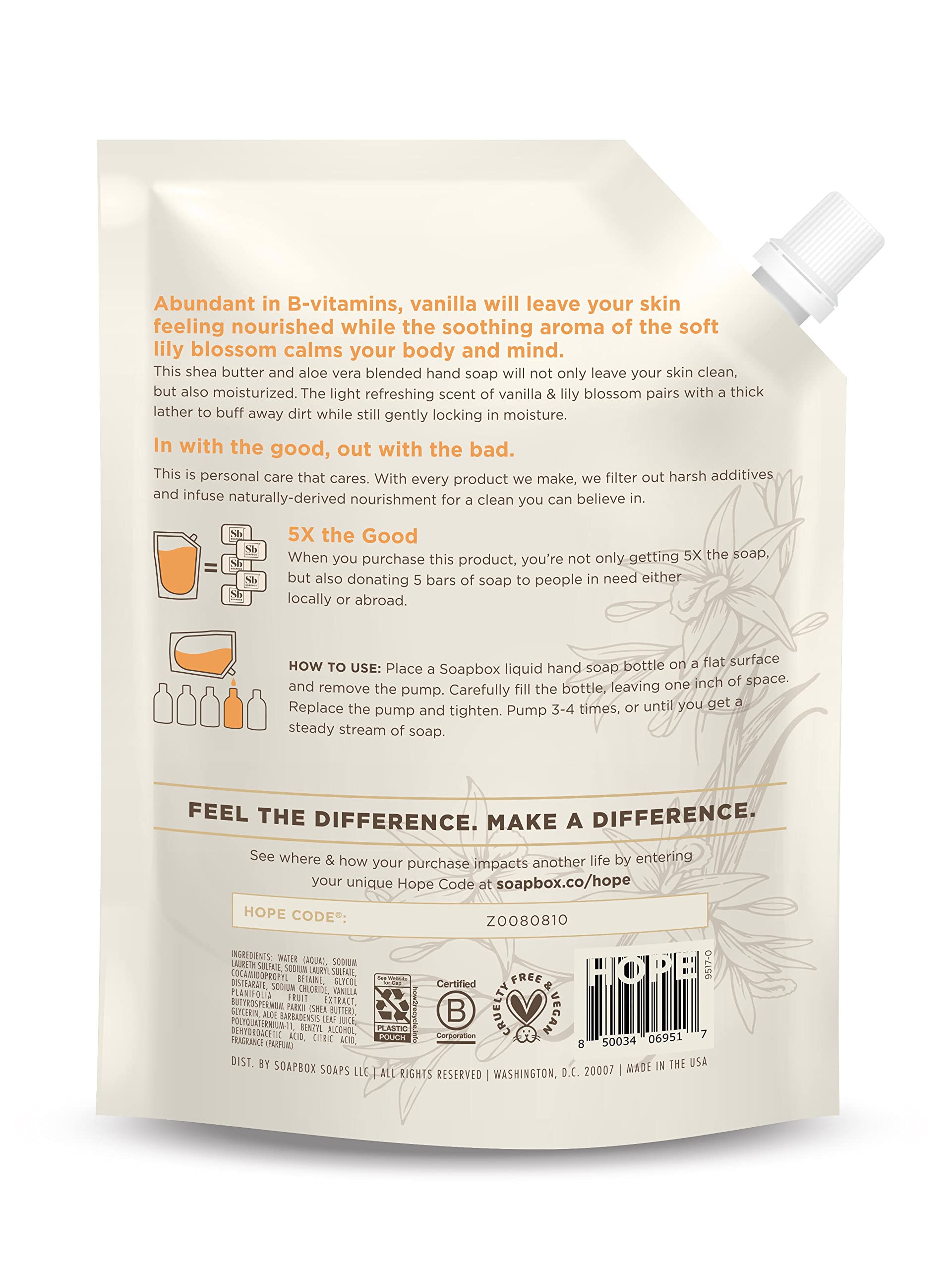Soapbox vanilla bean scent with foaming lather for gentle cleansing