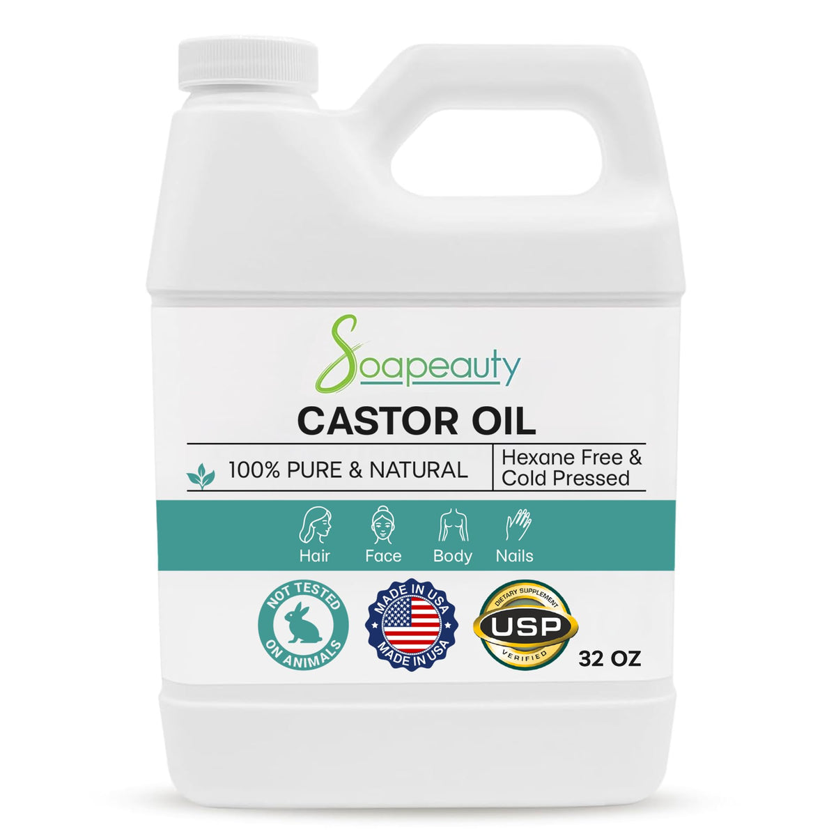 Soapeauty cold pressed castor oil bottle shows purity for skin and hair care.