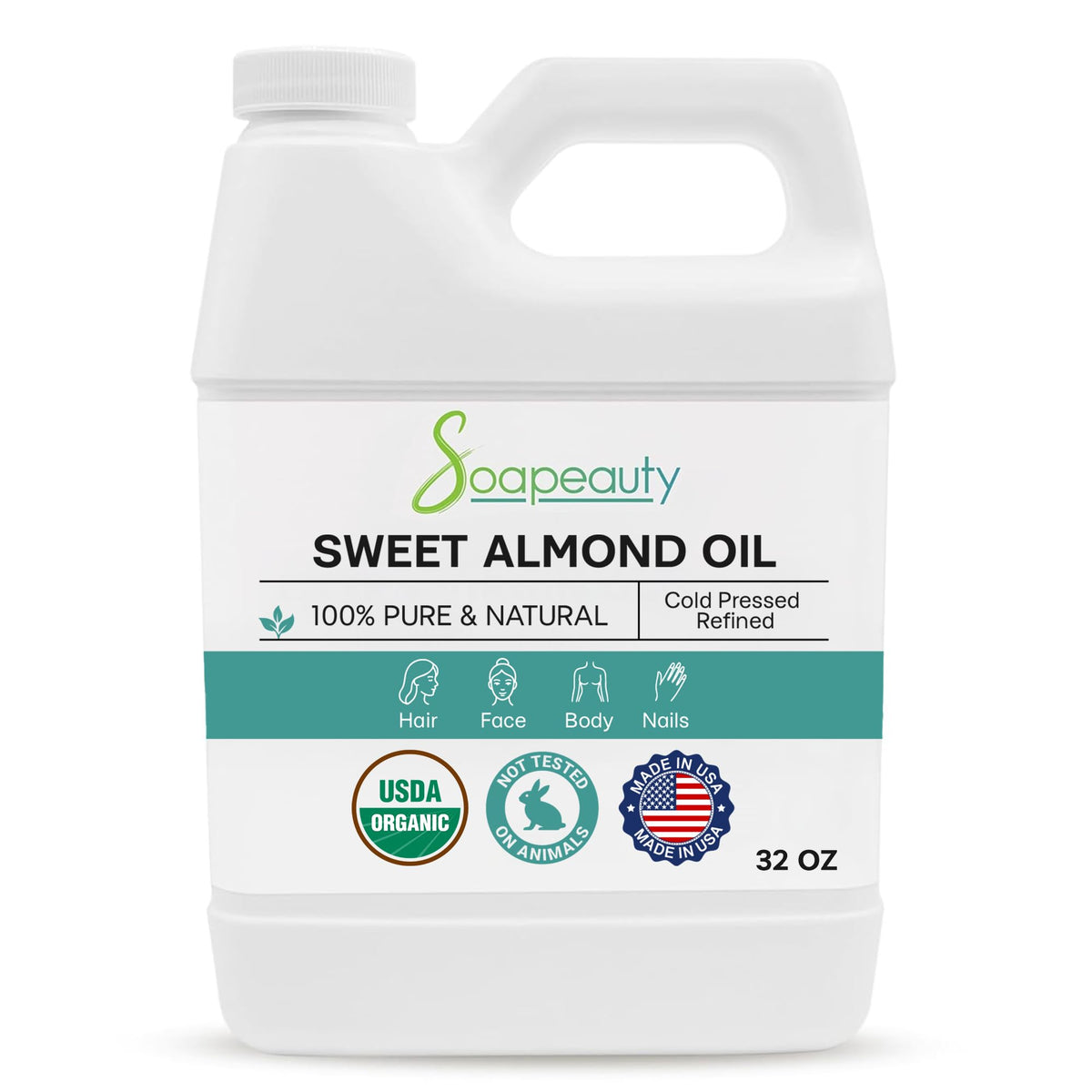 Soapeauty Sweet Almond Oil bottle on counter, ideal for skin and hair care.