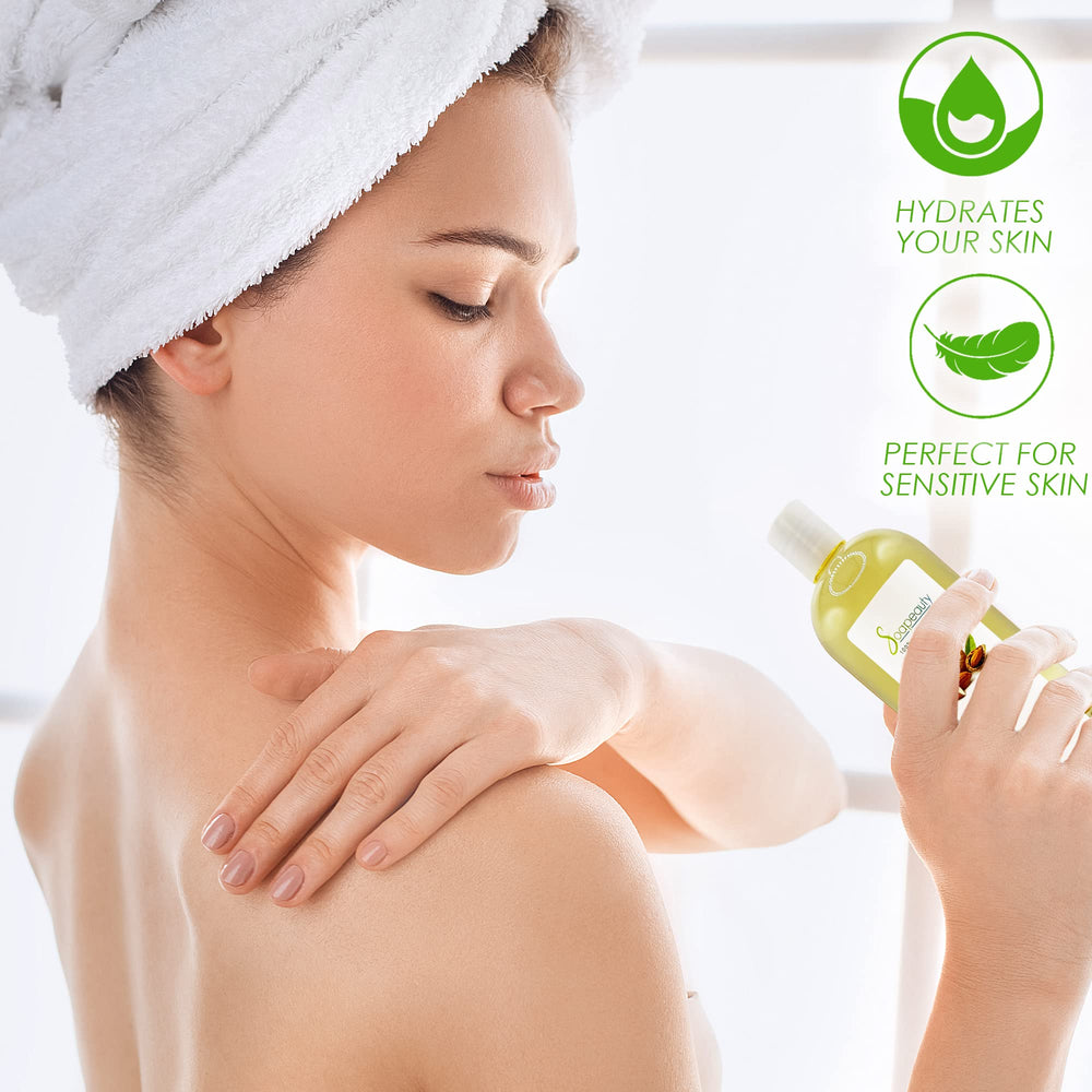 Pouring Soapeauty Sweet Almond Oil showing its smooth texture.