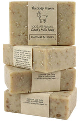 Soap Haven oatmeal honey goat milk bars on display, offering a creamy, gentle cleanse.