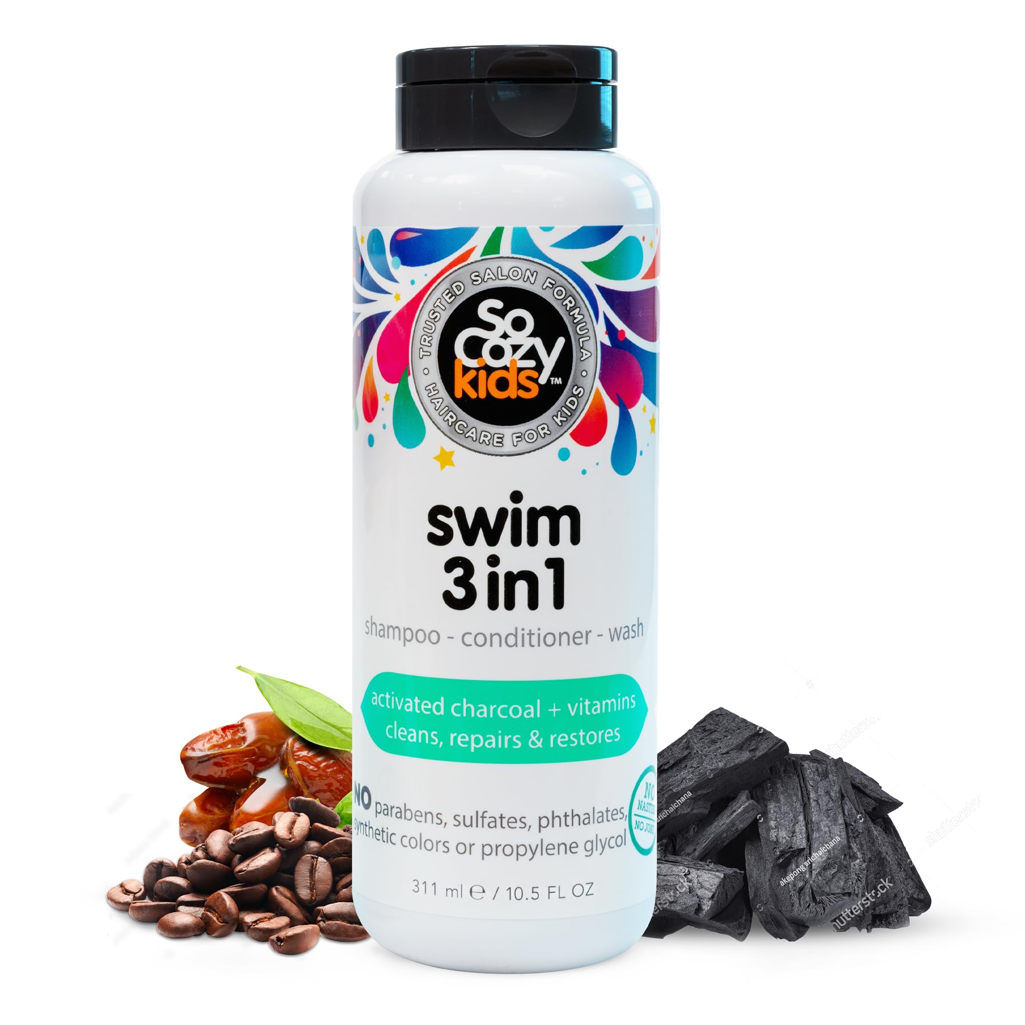SoCozy Kids Swim 3-in-1 bottle on shelf, chlorine and salt removal for healthier hair.