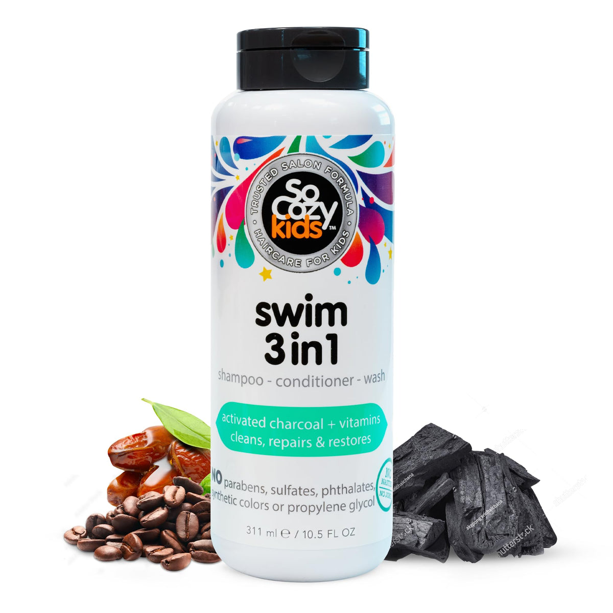 SoCozy Kids Swim 3-in-1 bottle on shelf, chlorine and salt removal for healthier hair.