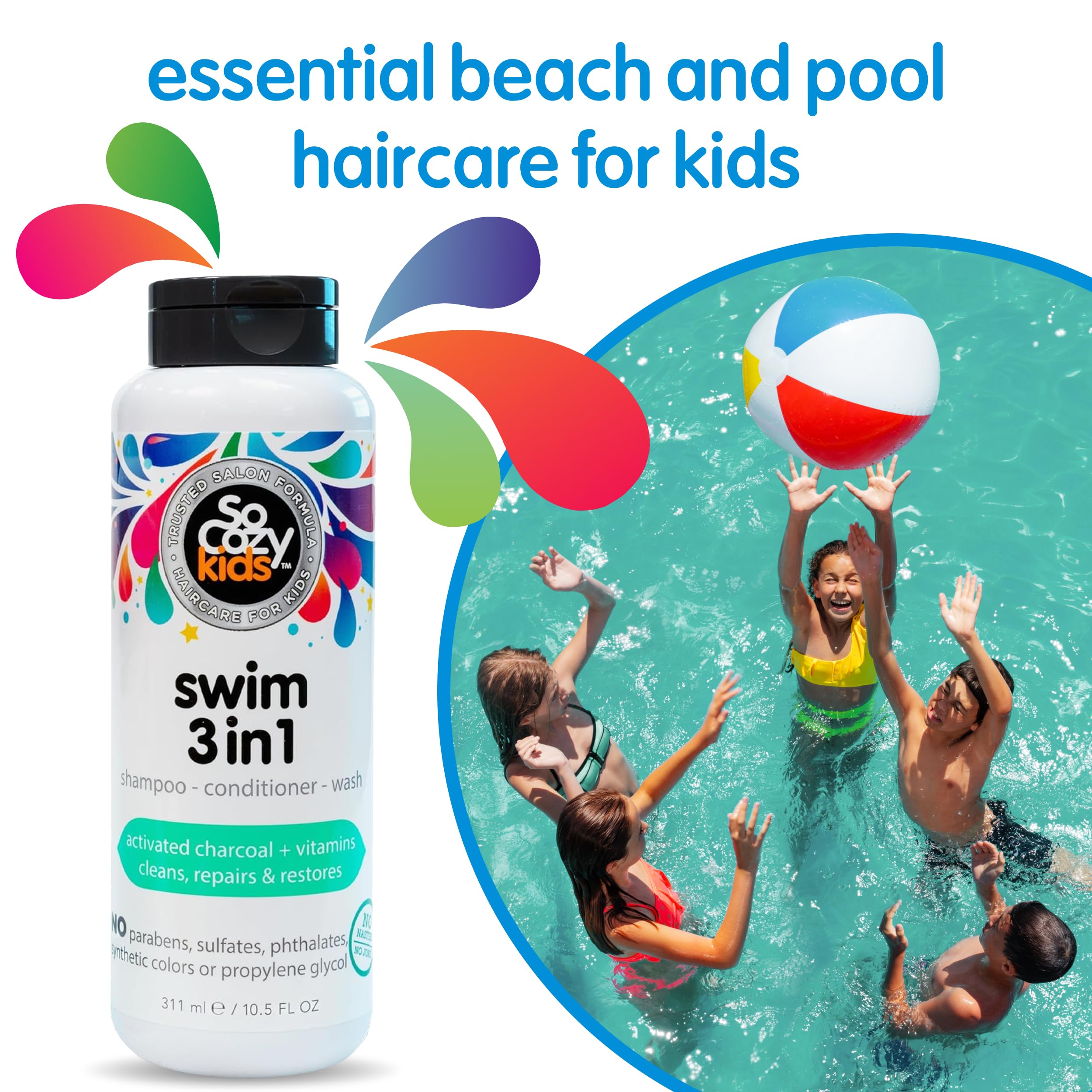 SoCozy Kids Swim 3-in-1 bottle demonstrates all-in-one lather for hair and body.