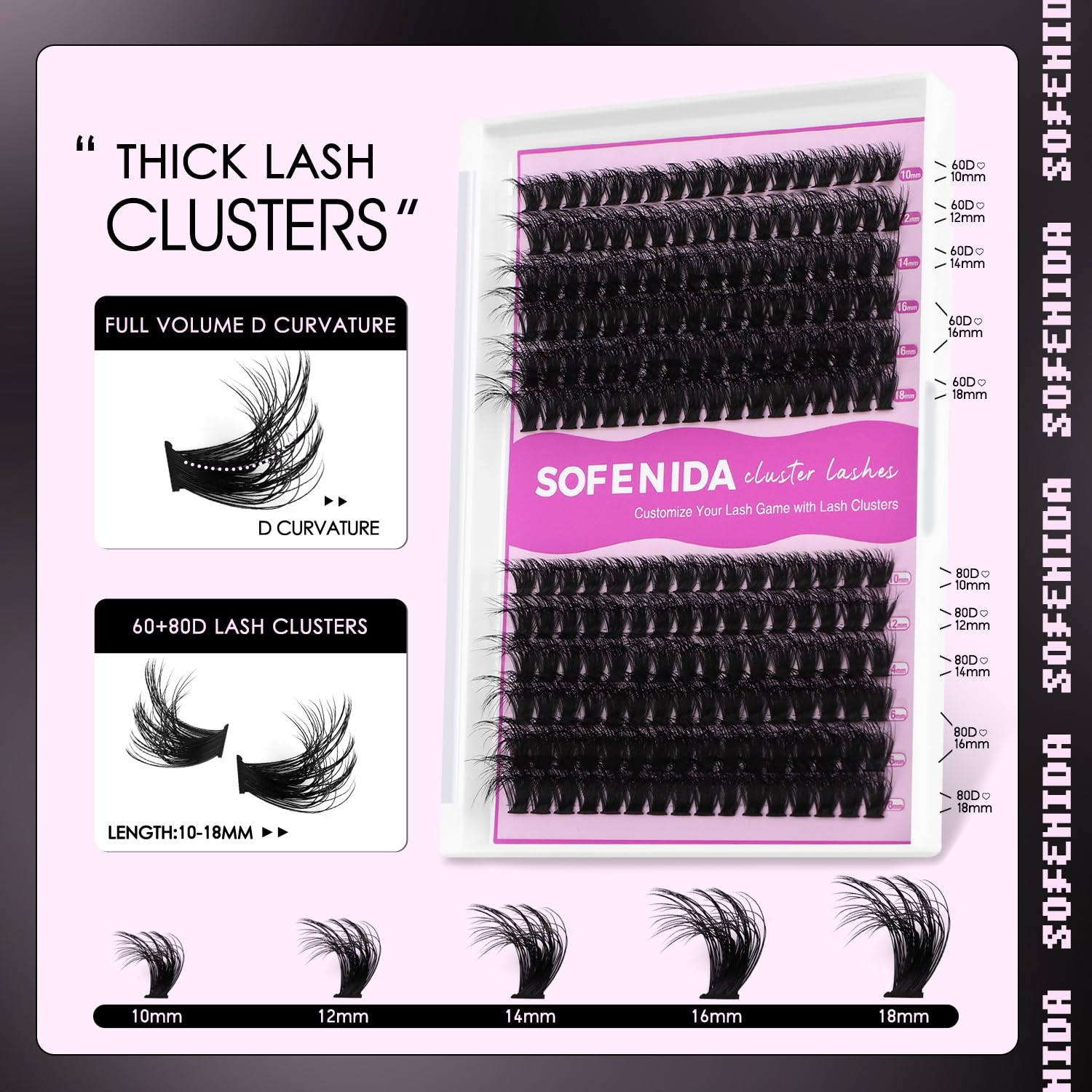SOFENIDA 10-18mm lash clusters provide customizable length for bold looks.