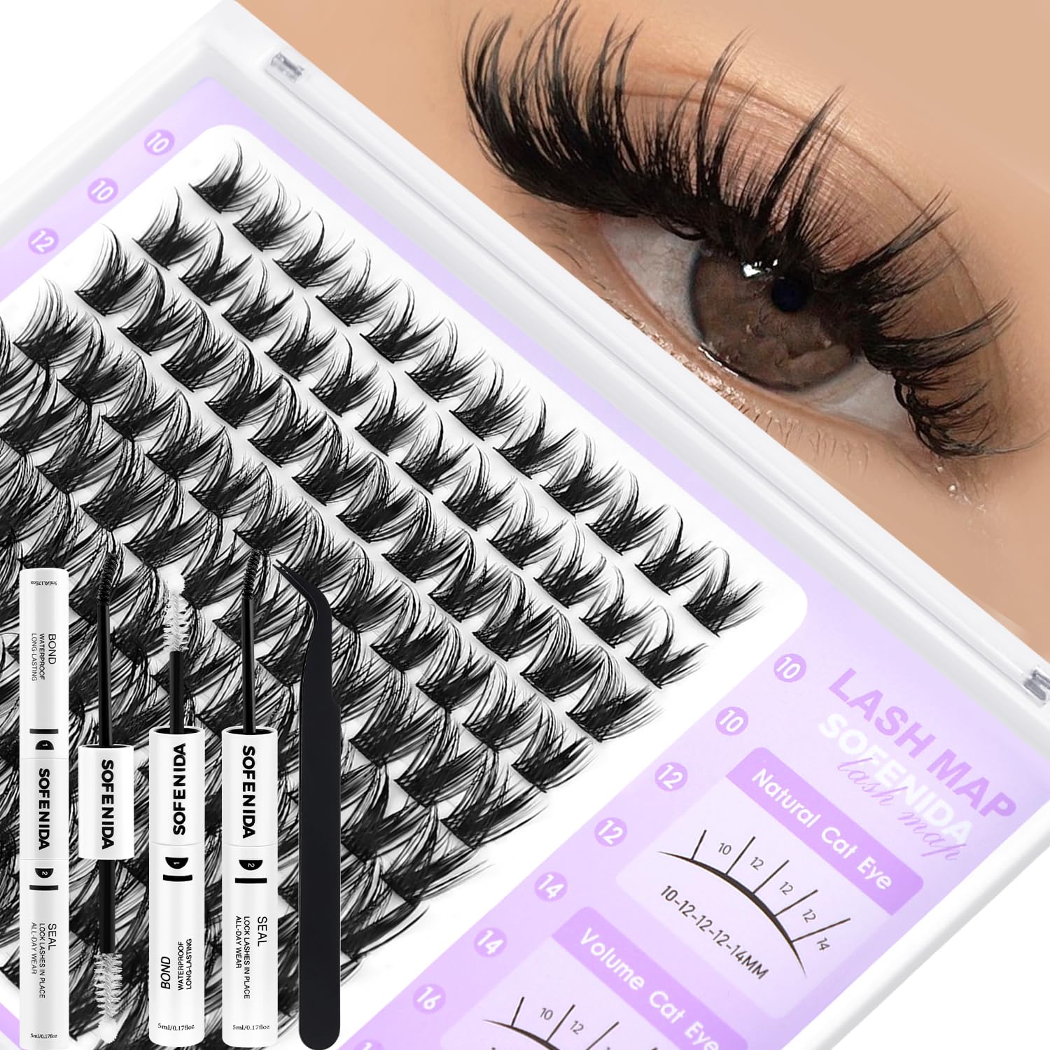 SOFENIDA lash clusters kit box for at-home salon results and easy setup.
