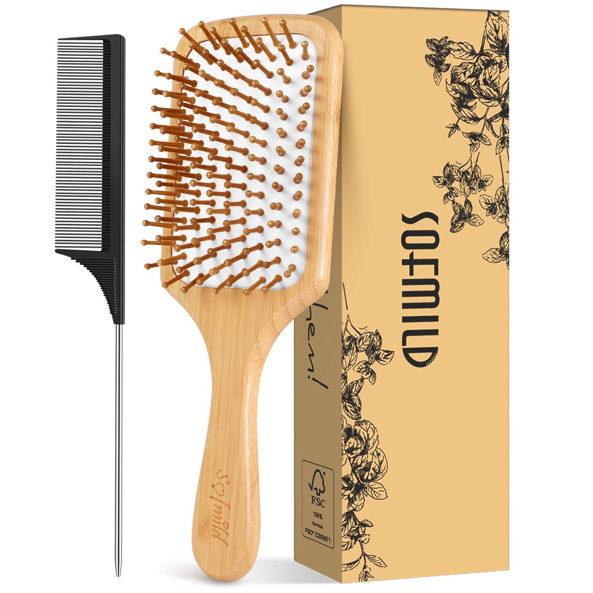 Sofmild hair brush with natural bamboo paddle and scalp-friendly bristles.