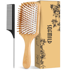 Sofmild hair brush with natural bamboo paddle and scalp-friendly bristles.