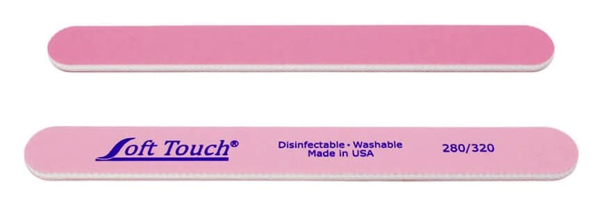 Soft Touch double-sided nail file with 280/320 grit for natural nails; washable and durable.
