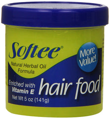 Softee Hair Food: botella con vitamina E, listo para brillo suave.