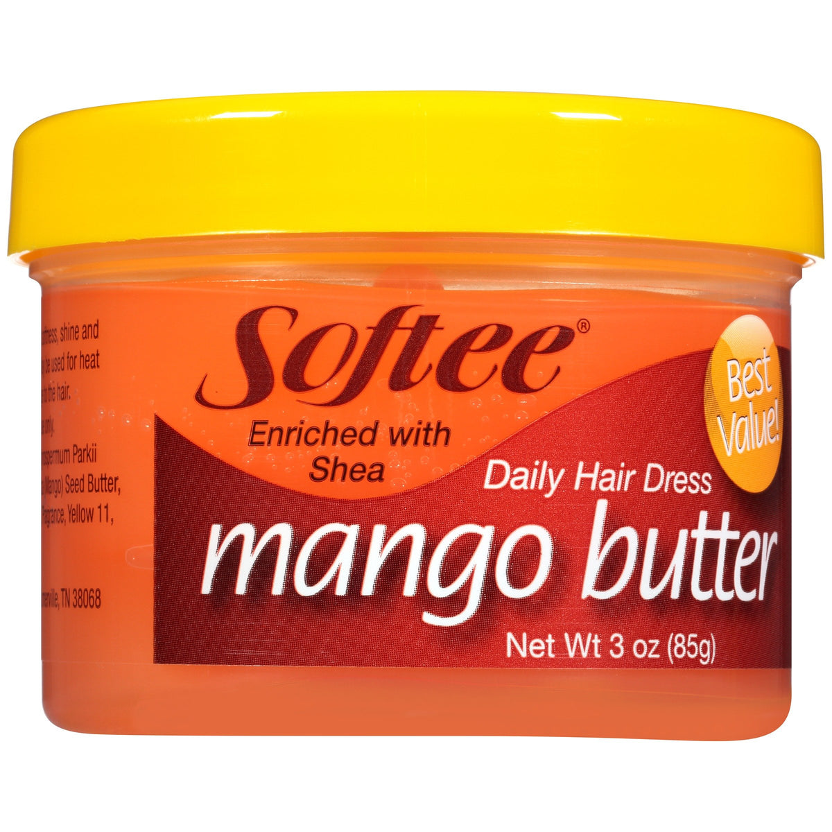 Softee manteca de karité con mango en tarro de 3 onzas para hidratación capilar.