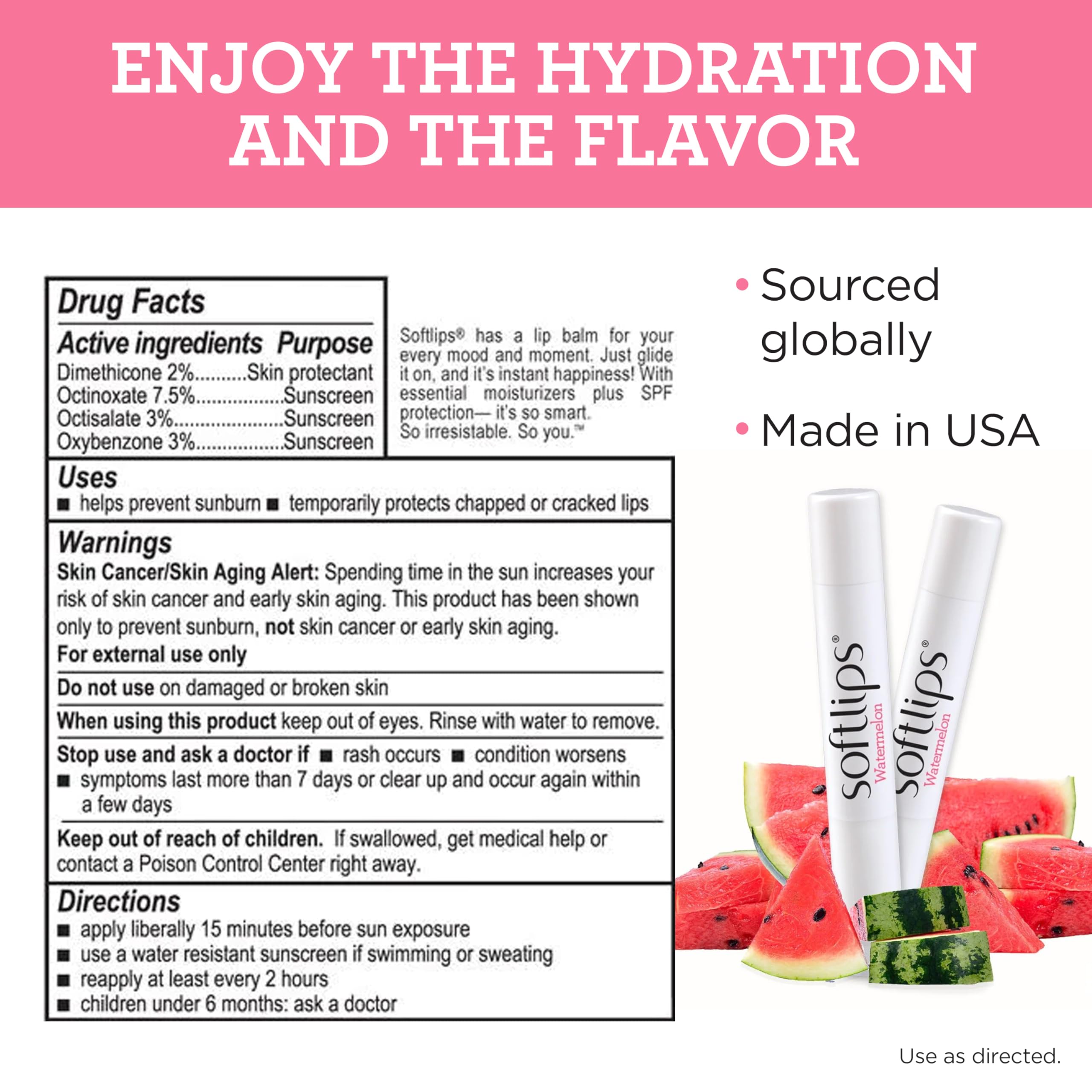 Protección SPF 20 de SoftLips sandía, ideal para días soleados.