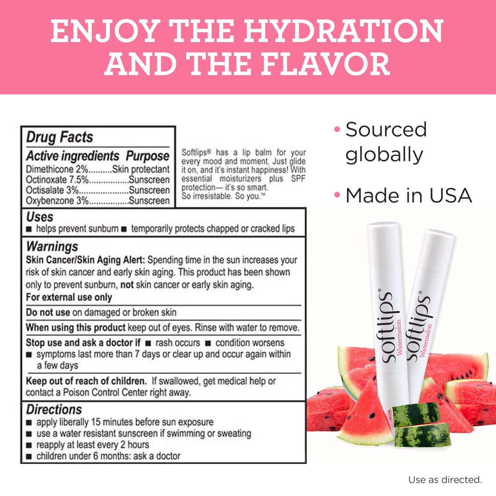 Protección SPF 20 de SoftLips sandía, ideal para días soleados.