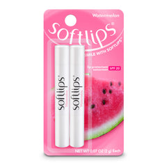 SoftLips bálsamo labial sandía, paquete doble, hidratación duradera para labios suaves.