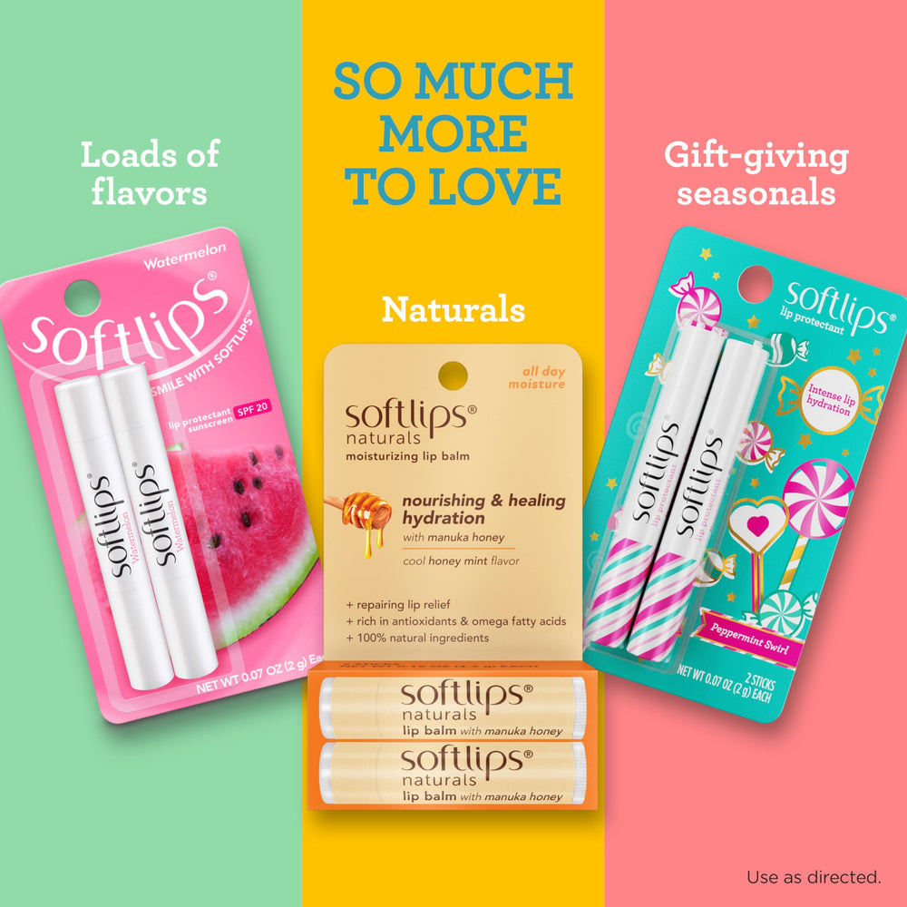 Bálsamo labial SoftLips sandía, fórmula ligera para labios sedosos.