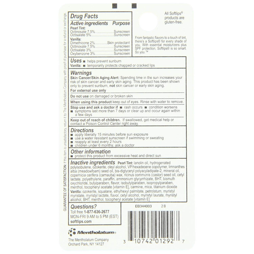 SoftLips Vanilla SPF20 lip balm with fragrance for long-lasting moisture and sun protection.