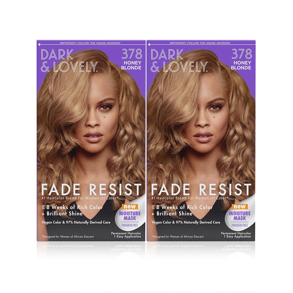 SoftSheen-Carson Dark and Lovely Honey Blonde bottle highlights vibrant color and gray coverage.