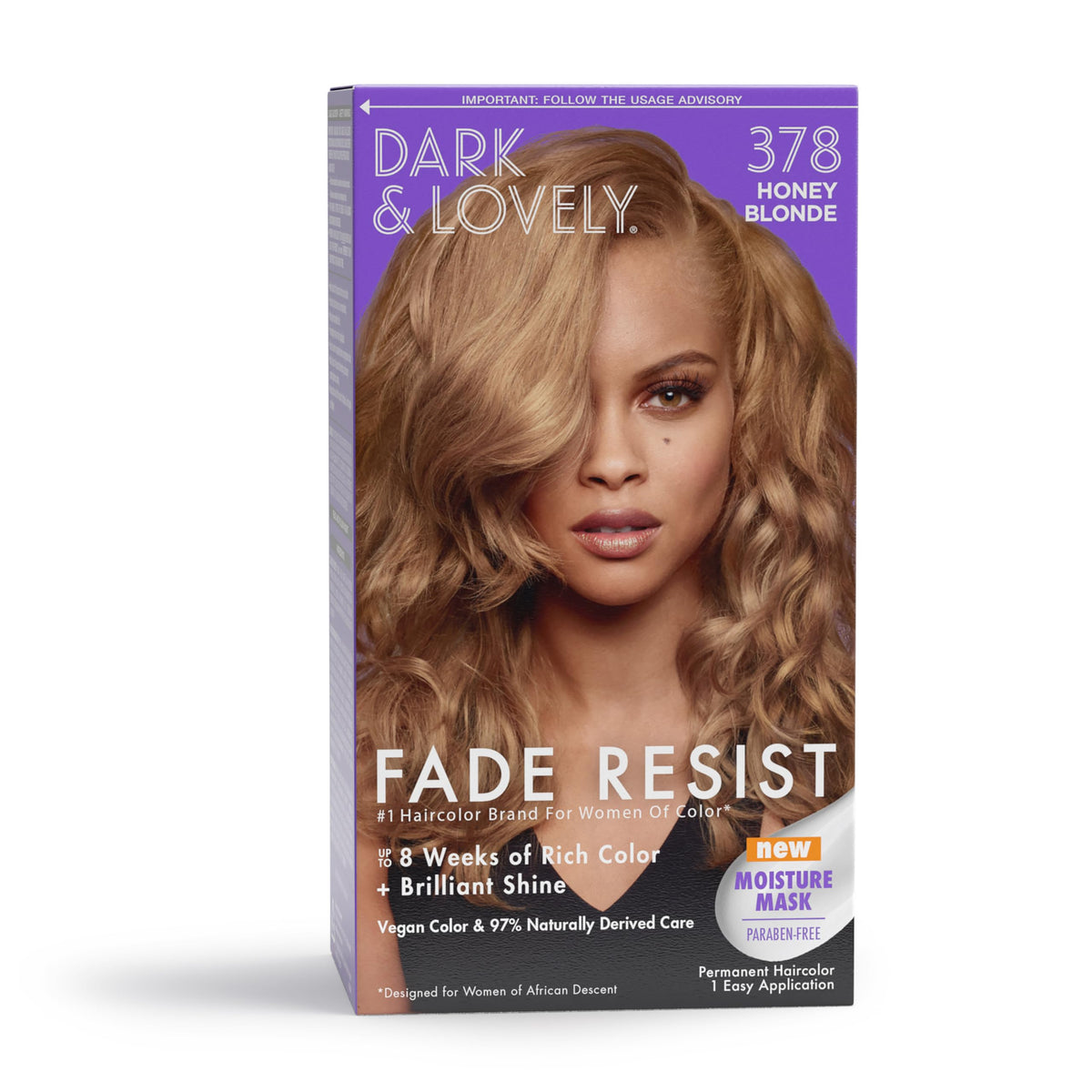 SoftSheen Dark and Lovely Fade Resist bottle showing vibrant honey blonde shade and lasting color benefits