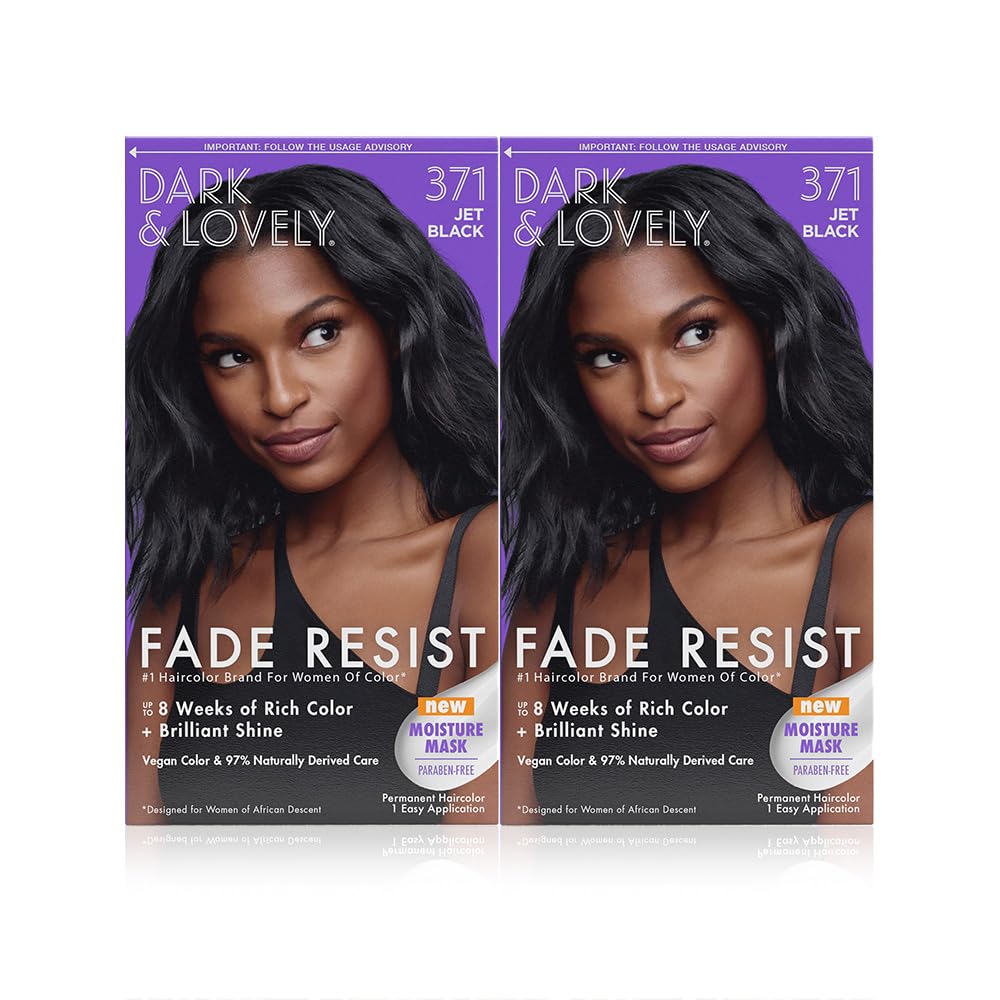 SoftSheen Dark and Lovely fade-resist jet-black color in bottle for vibrant, long-lasting shade.