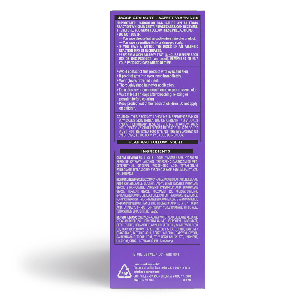 SoftSheen Dark and Lovely Jet Black 371 finished hair with silky, nourished texture.
