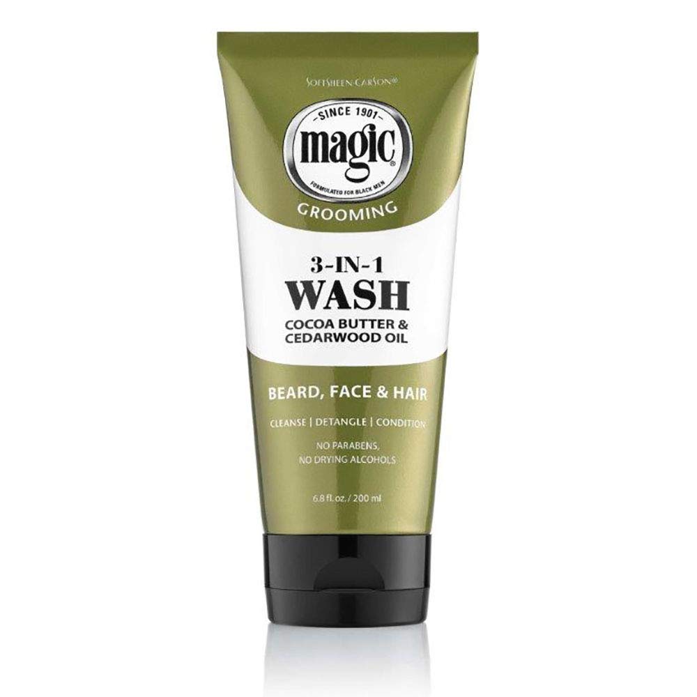SoftSheen Magic Beard Wash bottle displays 3-in-1 formula for face, beard, and hair.