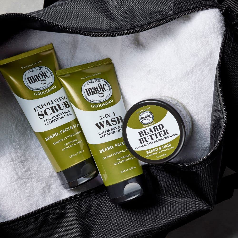 SoftSheen Magic beard butter label notes cocoa butter benefits.