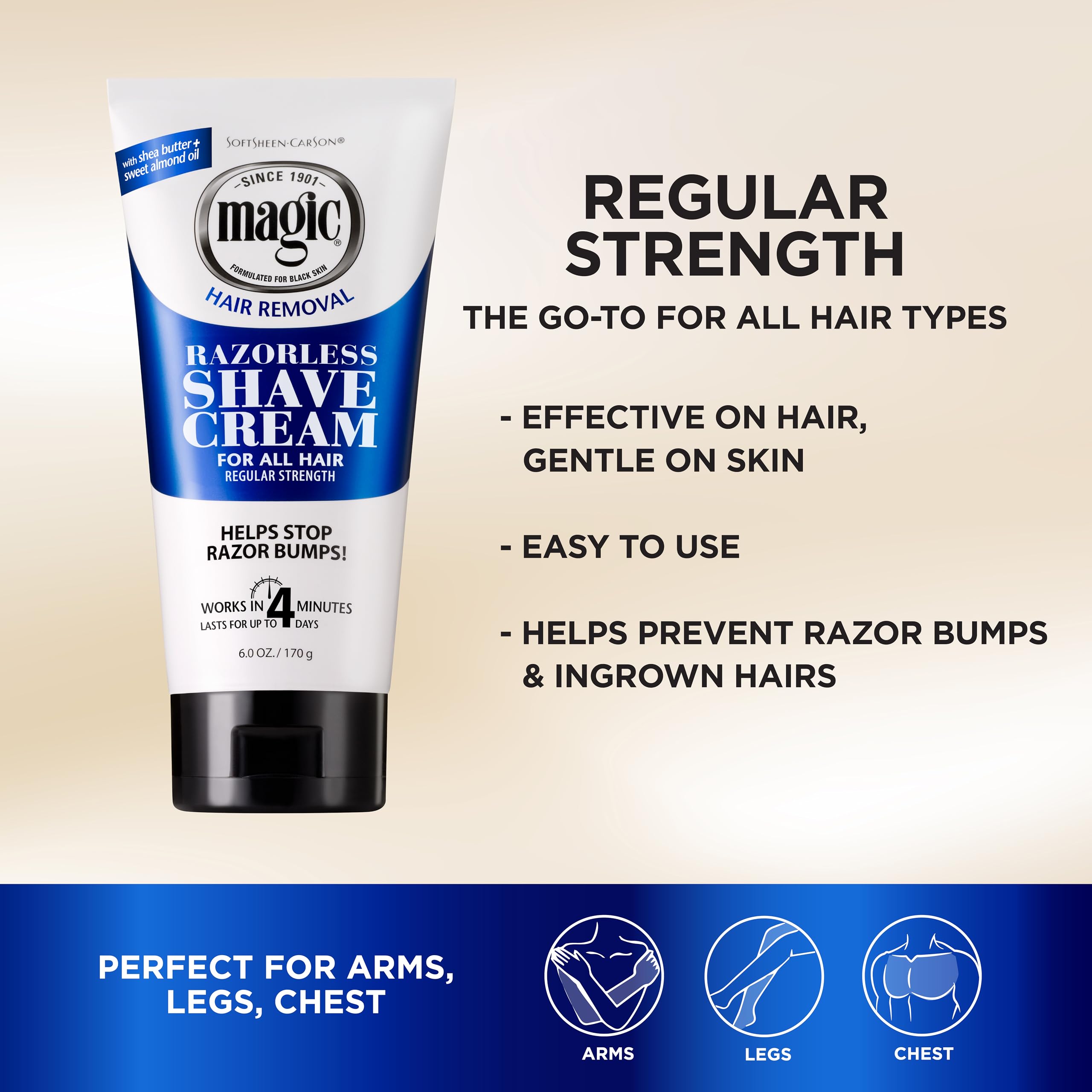 SoftSheen Magic Razorless Cream applied to skin for fast hair removal.