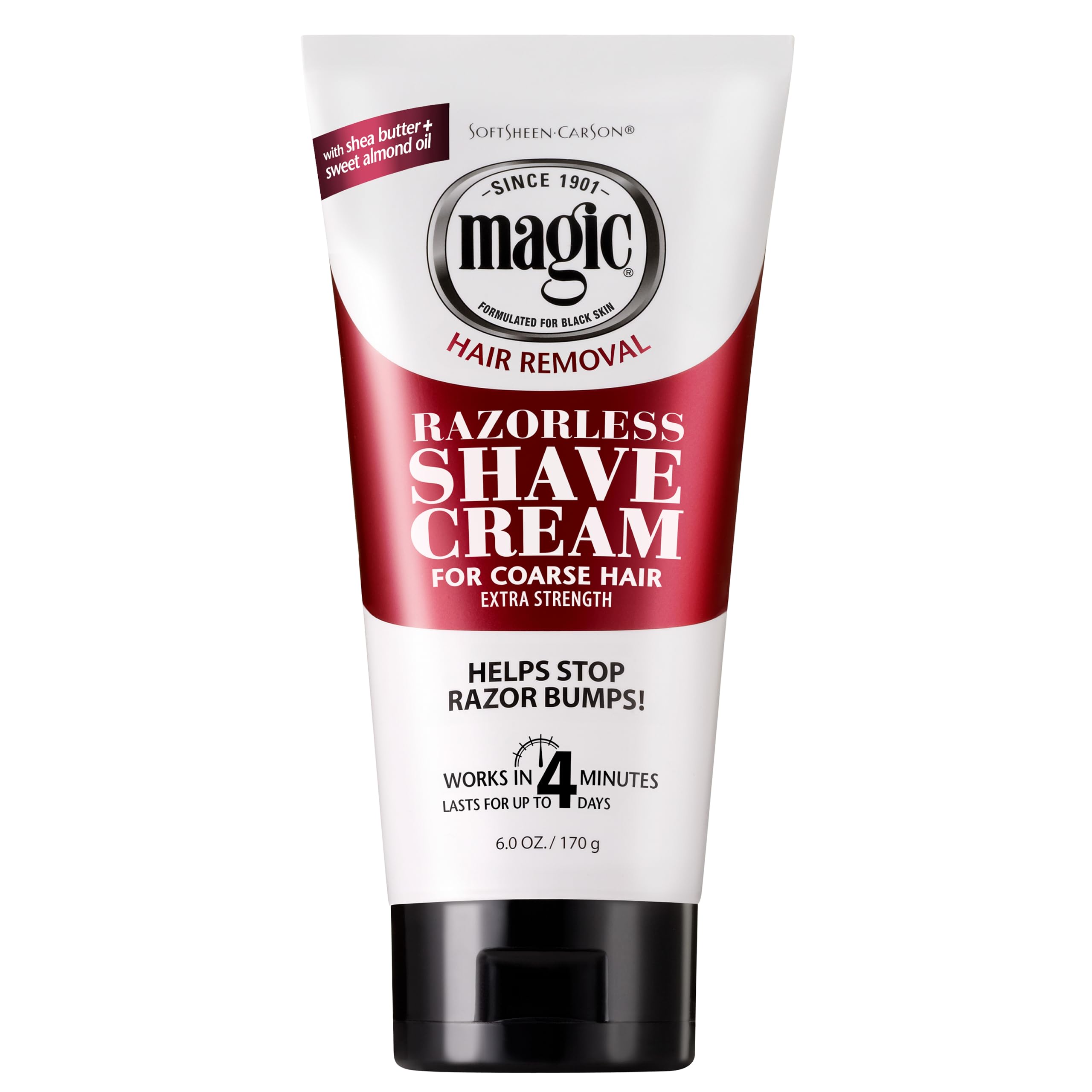 SoftSheen-Carson Magic Razorless Shaving Cream bottle shown for easy body hair removal.