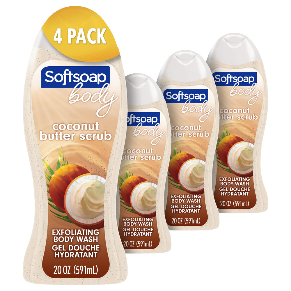 Softsoap Body Coconut Butter Scrub bottle highlighting exfoliating formula.