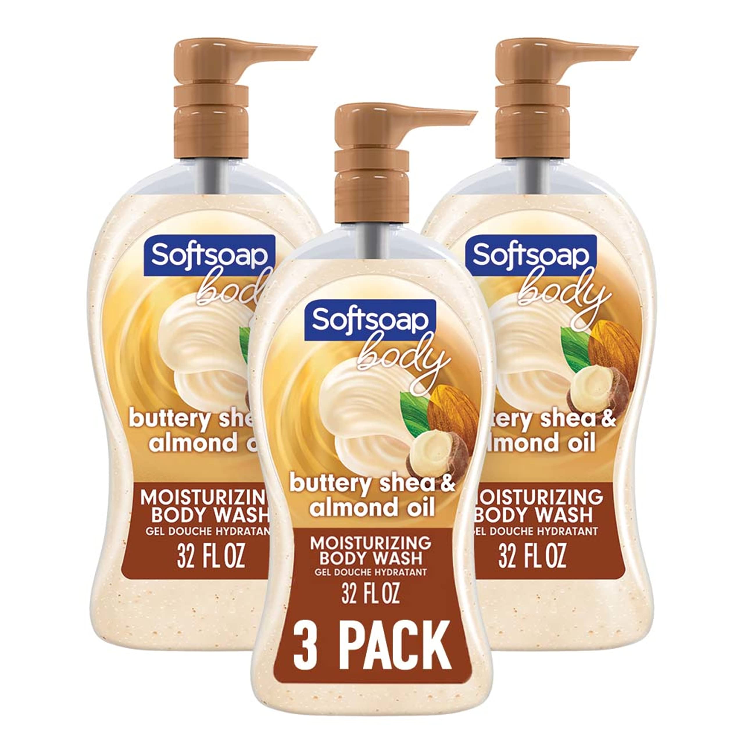 Softsoap Body Wash bottle pump displaying moisturizing formula with shea and almond oil.