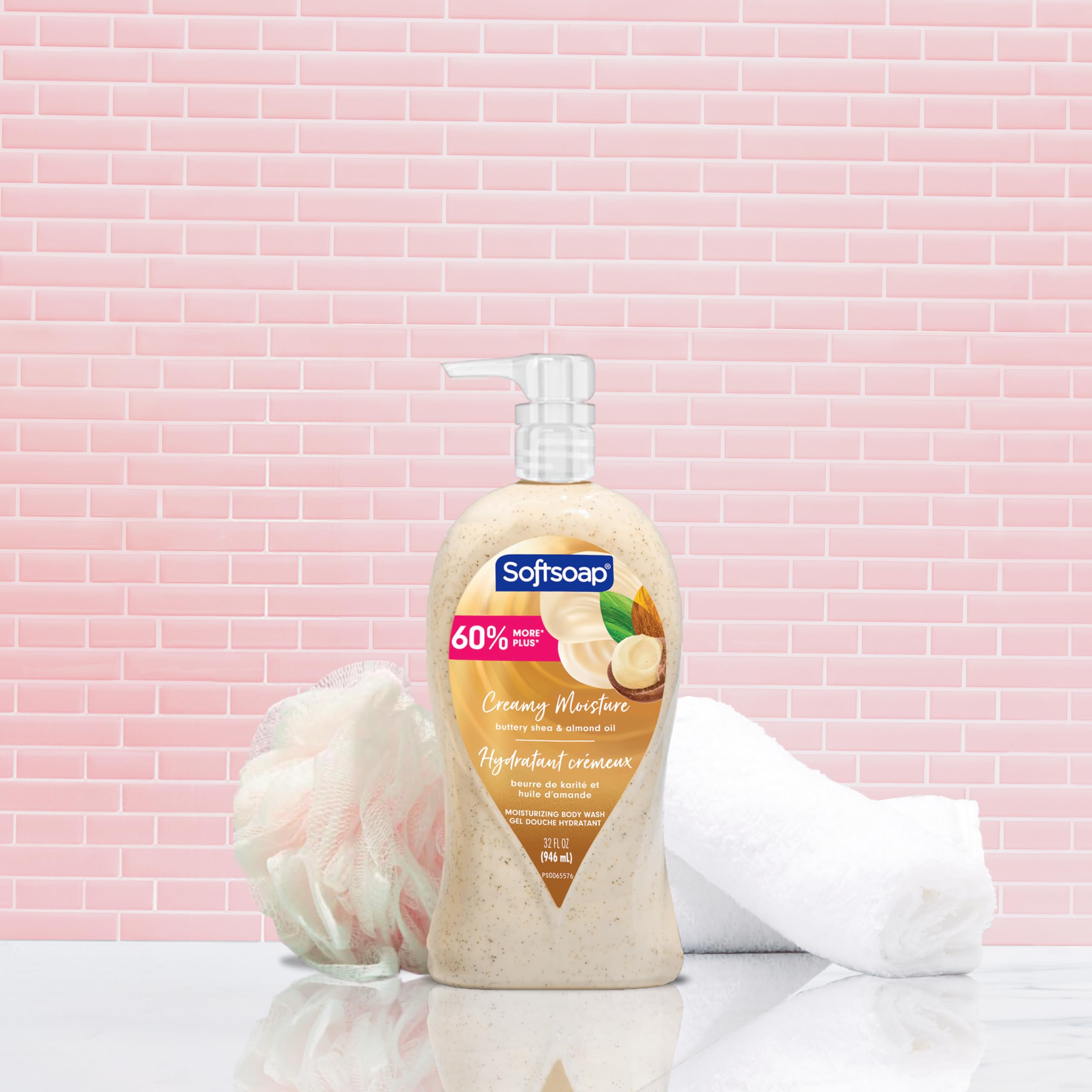 Softsoap Body Wash label closeup highlights real shea butter for silky skin.