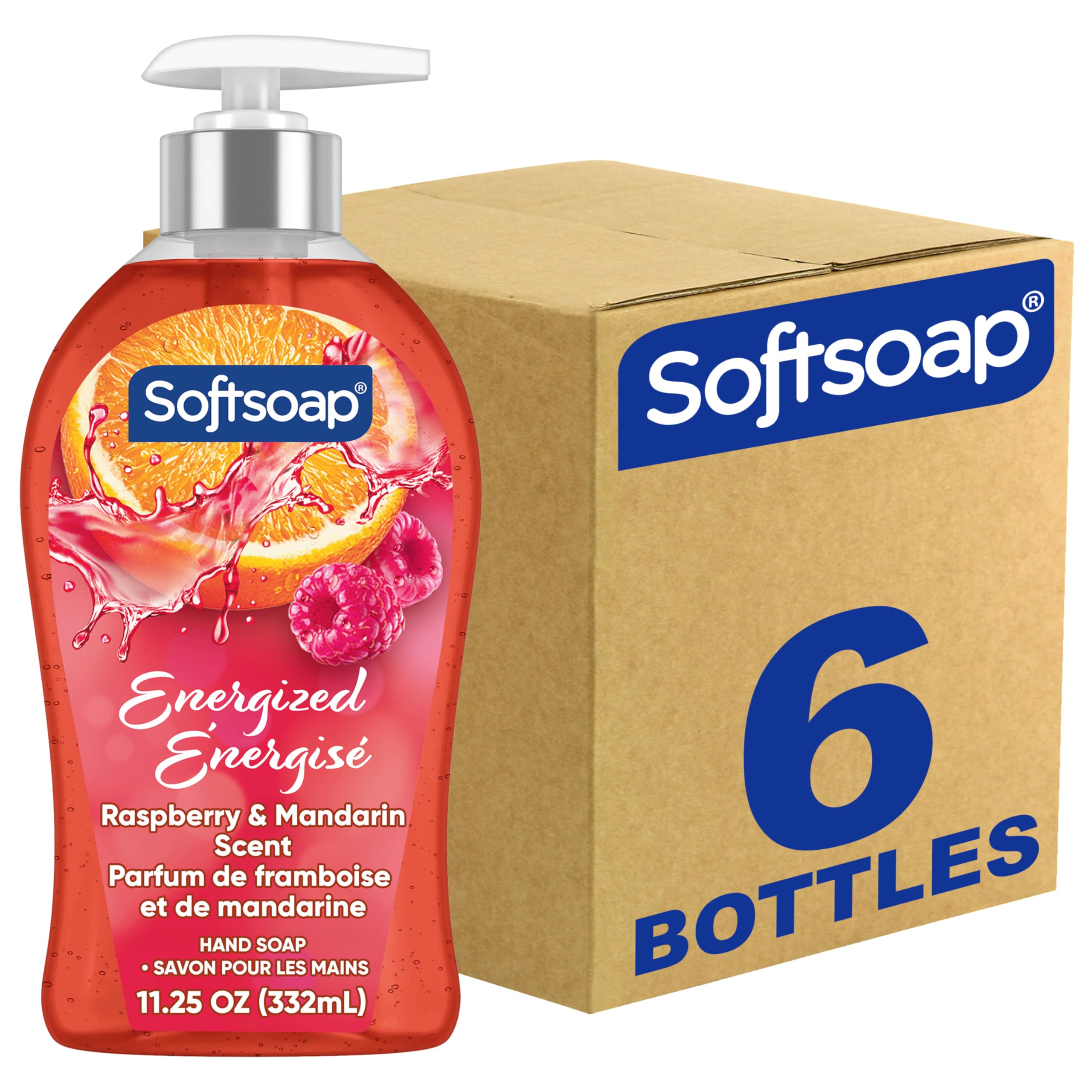 Softsoap Energized, botella dispensadora con fragancia de frambuesa y mandarina para manos limpias.