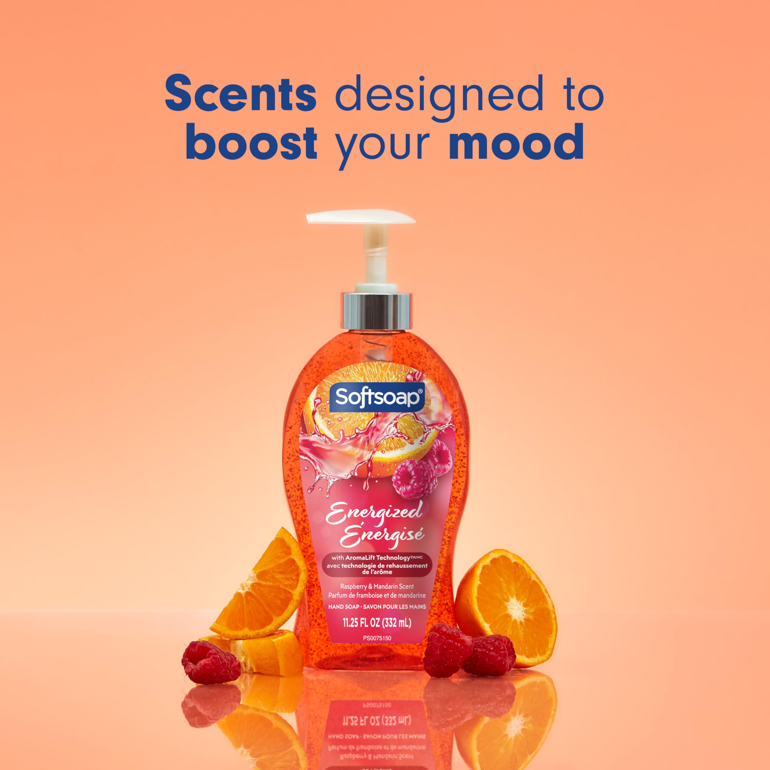Softsoap Energized, etiqueta visible, destaca la fragancia frambuesa-mandarina y la promesa de frescura.