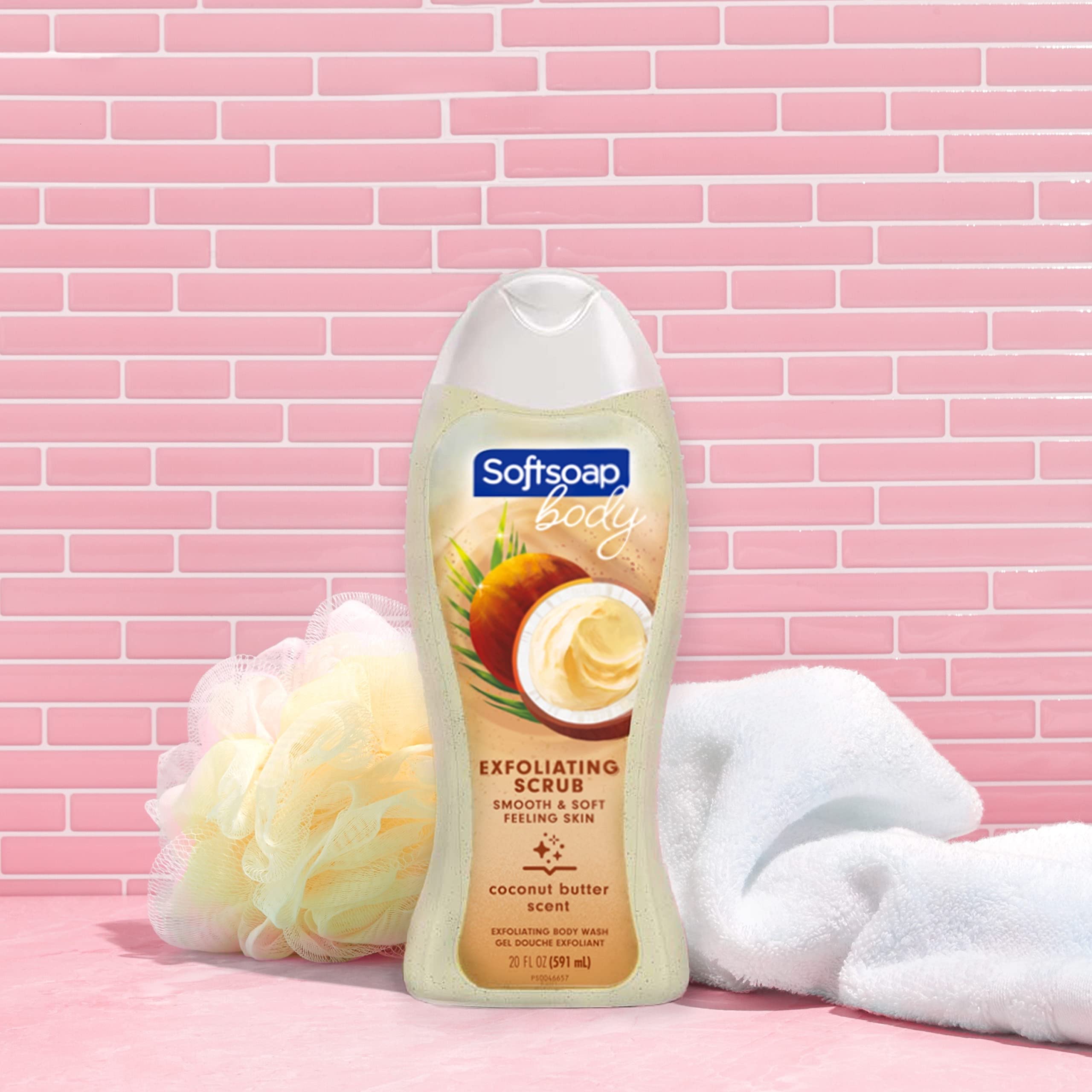 Softsoap exfoliating scrub close-up shows crushed apricot seeds for gentle exfoliation.