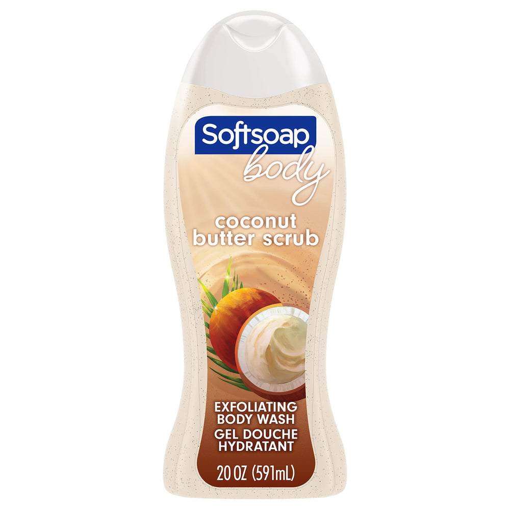 Softsoap Exfoliating Scrub coconut butter bottle highlights smooth, refreshed skin after shower.