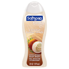 Softsoap Exfoliating Scrub coconut butter bottle highlights smooth, refreshed skin after shower.