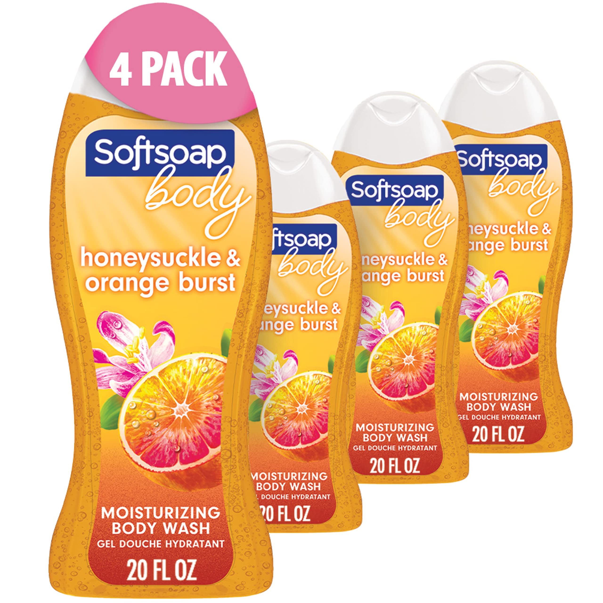 Softsoap Honeysuckle & Orange Burst bottle front with refreshing citrus aroma for morning showers.