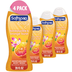 Softsoap Honeysuckle & Orange Burst bottle front with refreshing citrus aroma for morning showers.