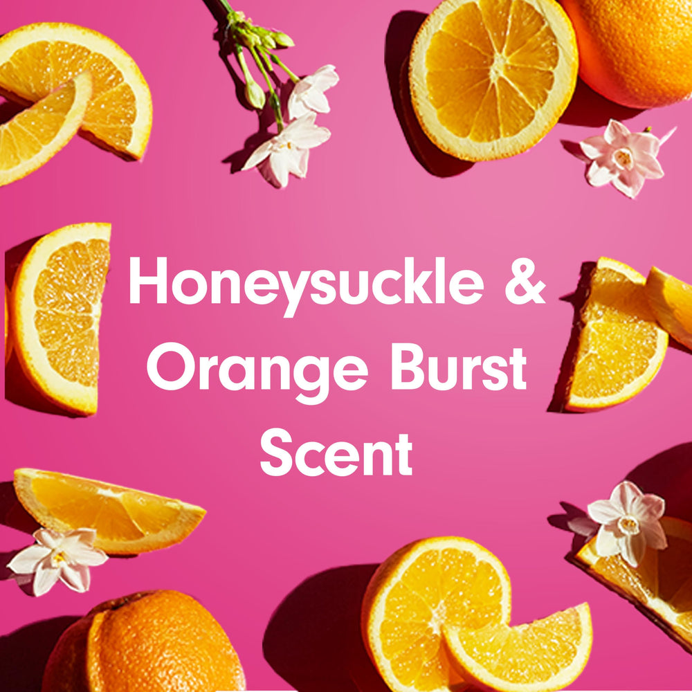 Softsoap Honeysuckle & Orange Burst image highlights real orange extract benefits.