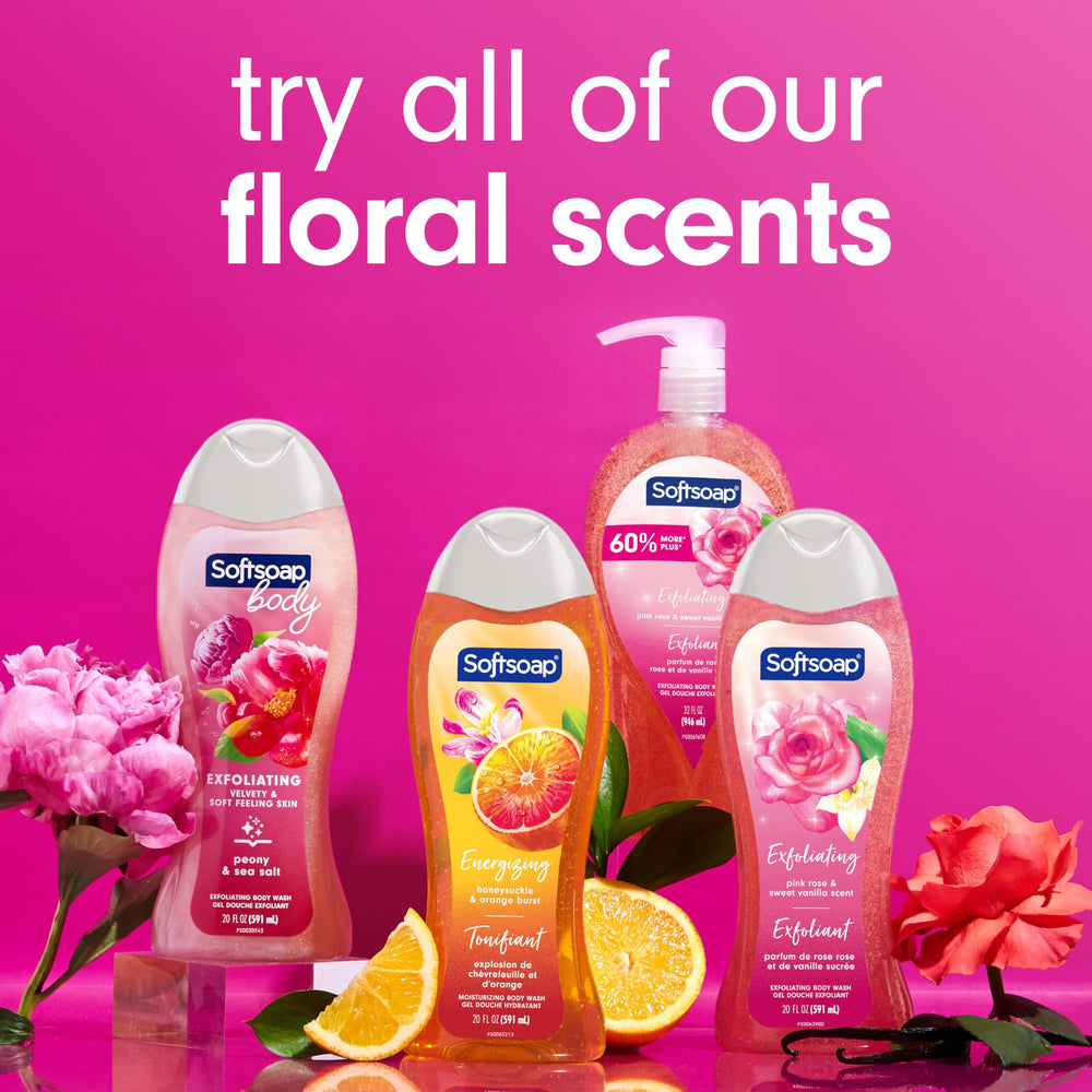 Softsoap Honeysuckle & Orange Burst pH balanced badge supports gentle cleansing.