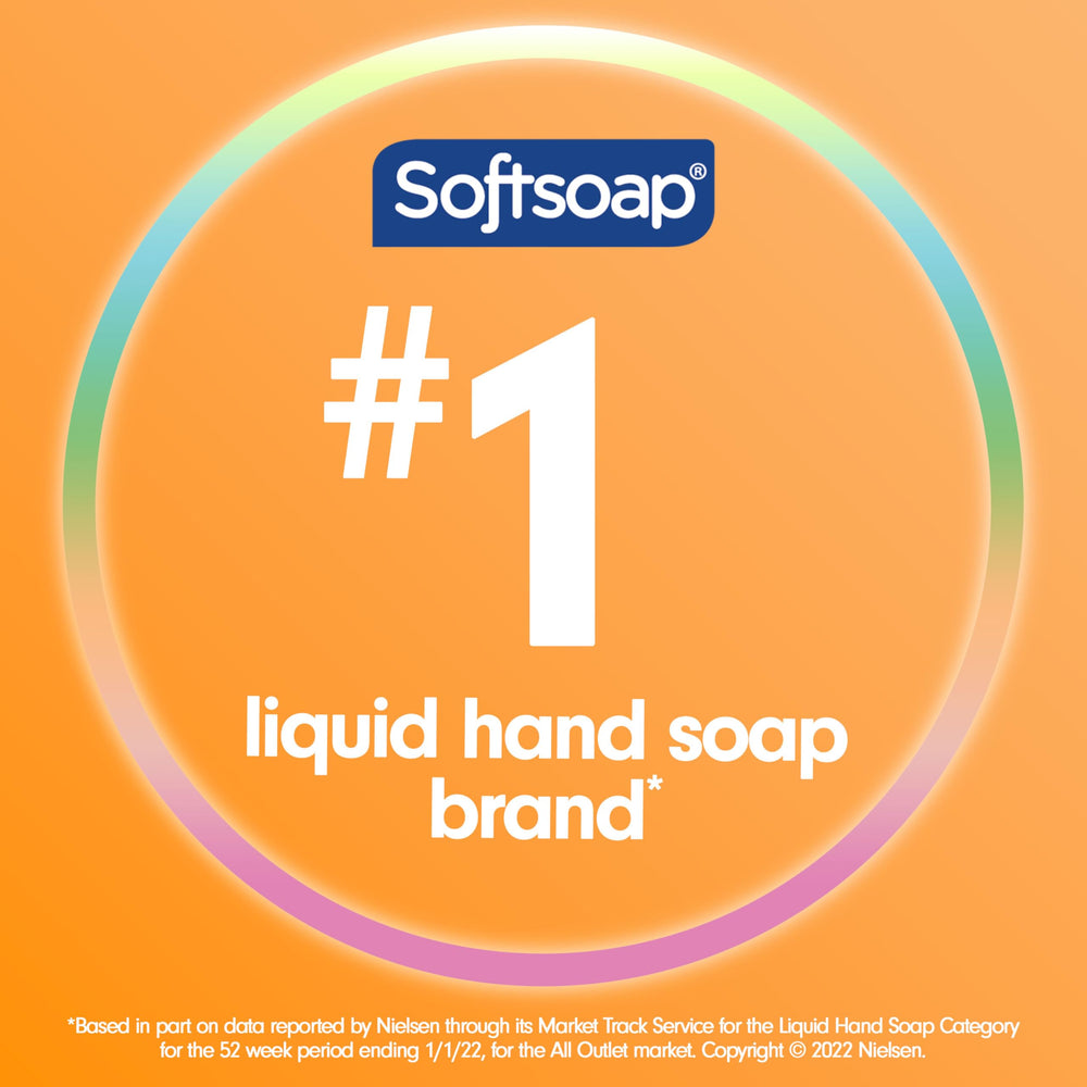 Softsoap jabón antibacterial líquido, etiqueta mostrando hidratantes para piel suave