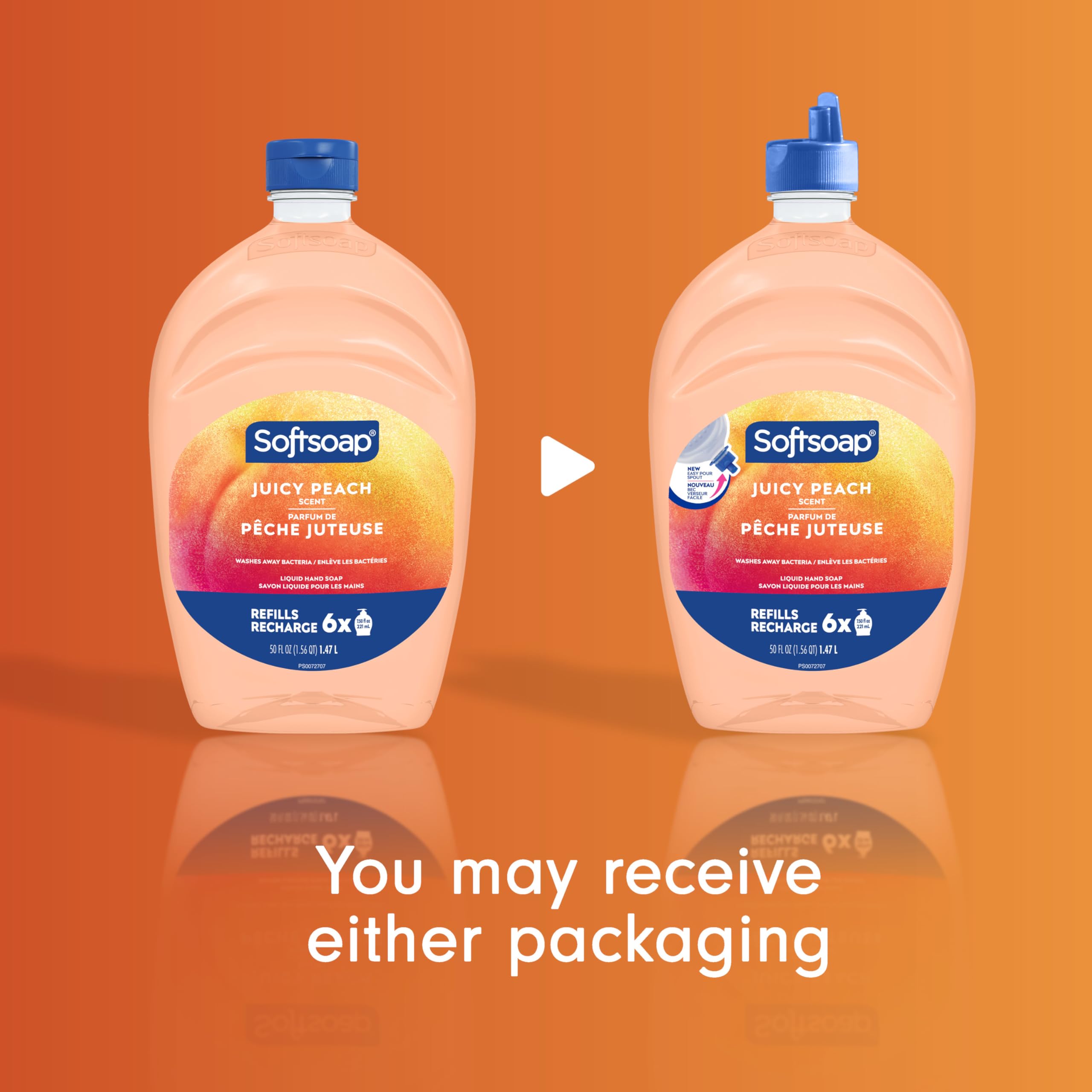 Softsoap Juicy Peach bottle pour demonstrates quick, mess-free handwashing at the sink.