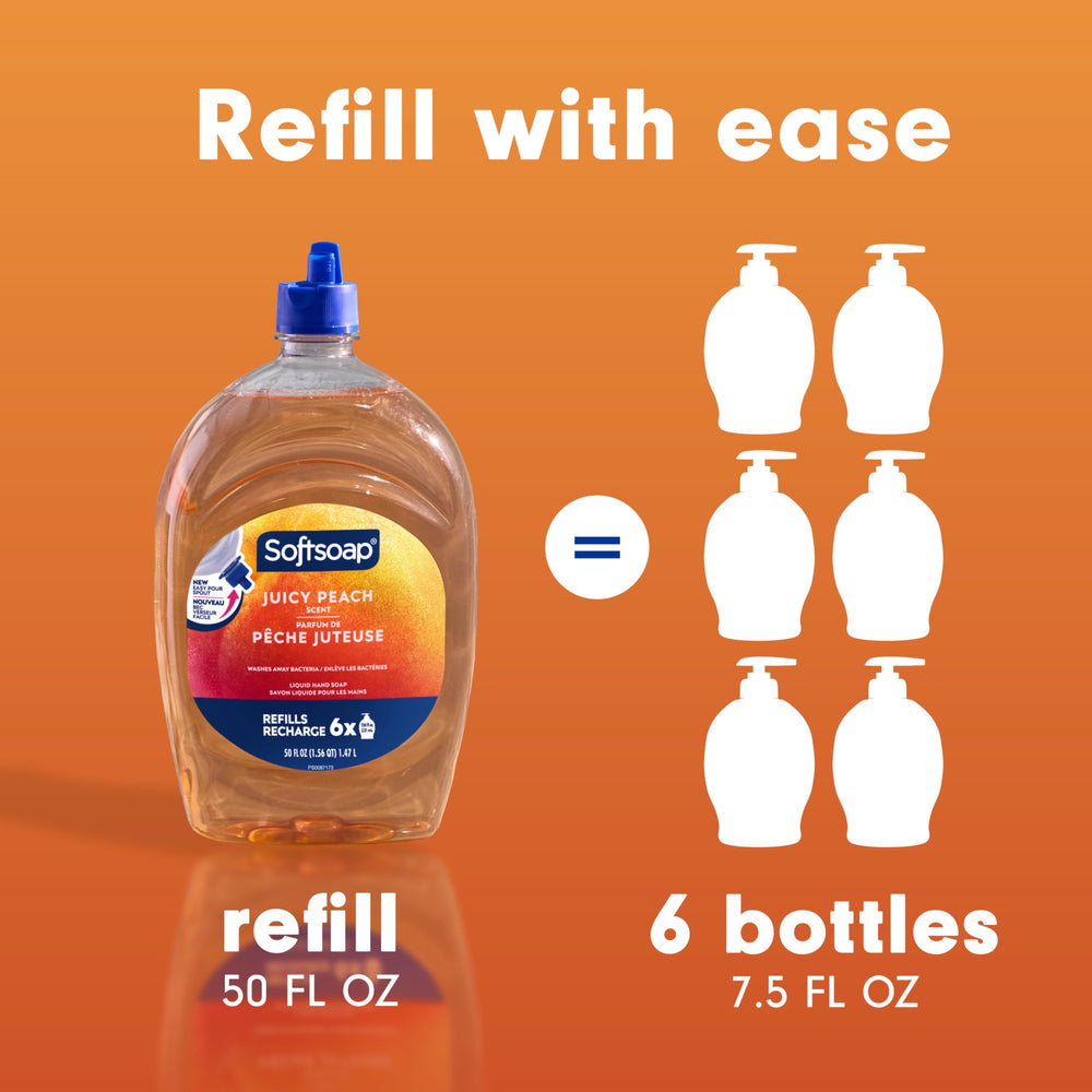 Softsoap Juicy Peach dispenser detail highlights easy-to-use pump.